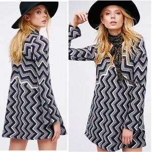 NEW Free People Rhiannon Chevron Knit Mini Dress Navy Blue / black flare sleeve